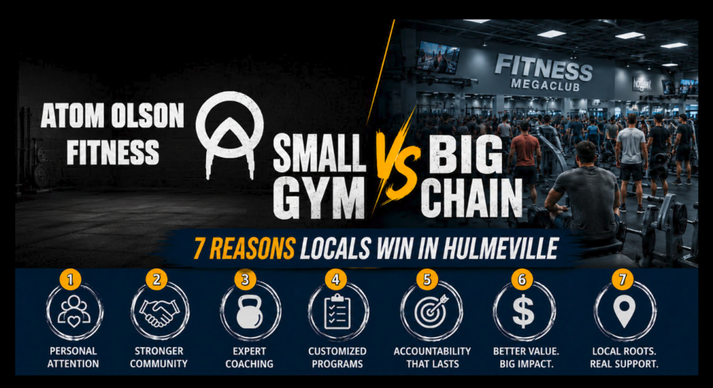 Small gym versus big chain comparison highlighting seven reasons local members win in Hulmeville